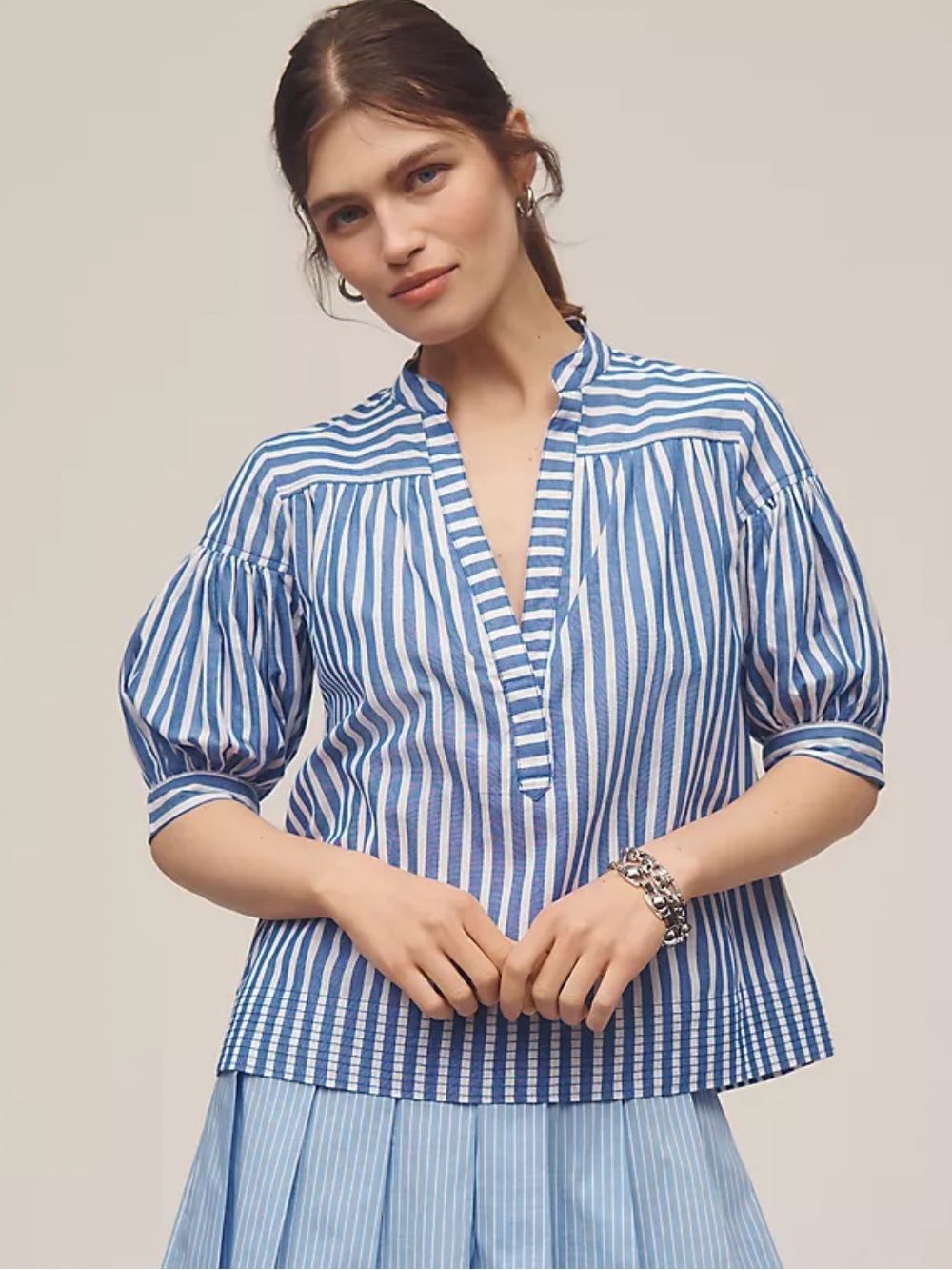 NWOT Anthropologie Blue & White Striped Popover Blouse